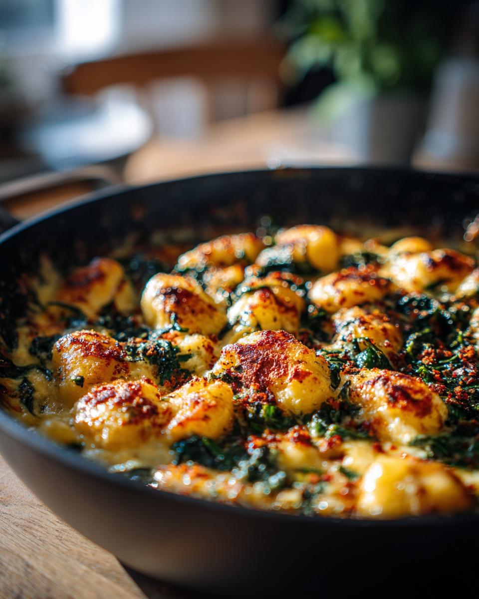 Close-up of Creamy Gnocchi with Spinach and Feta in a skillet, ready to serve.
