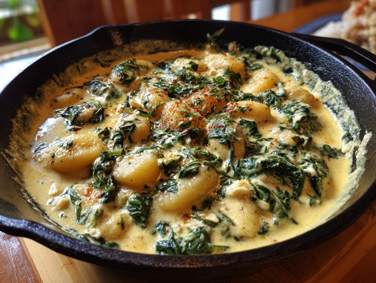 Close-up of Creamy Gnocchi with Spinach and Feta Recipe in a cast iron skillet.
