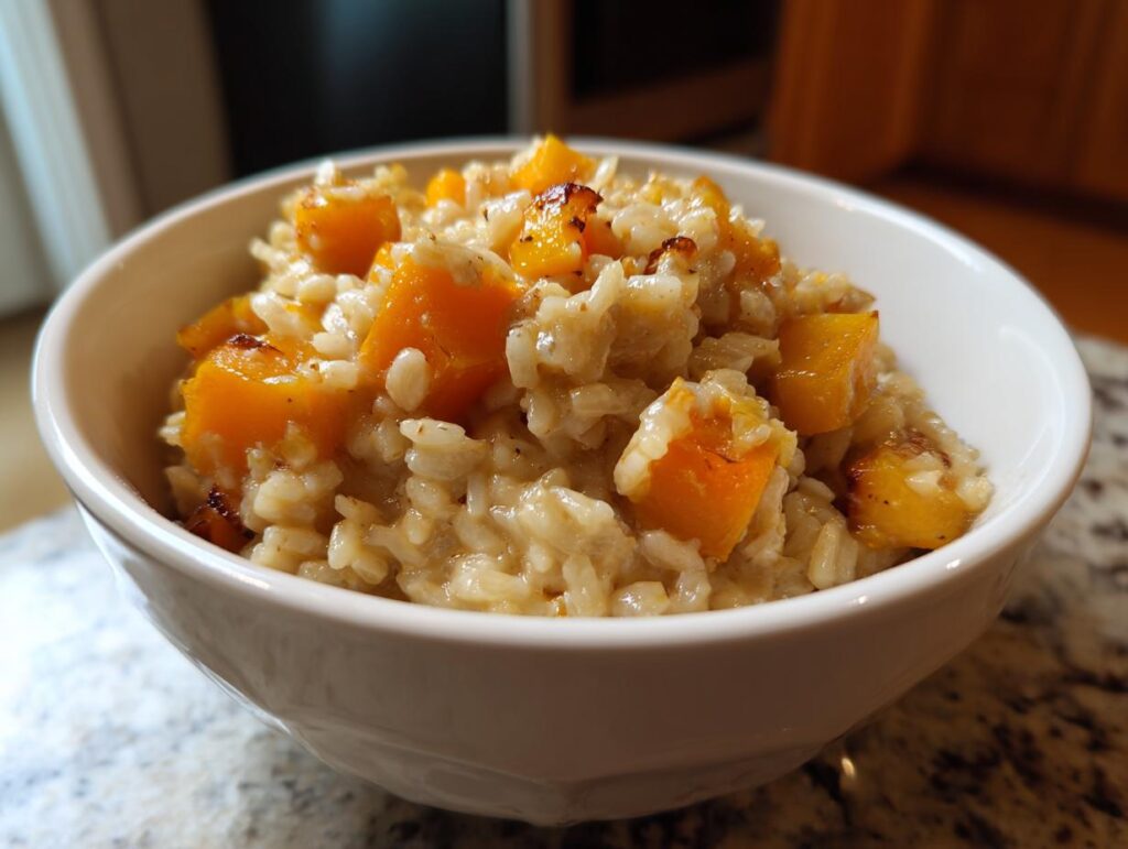A bowl of Creamy Orzo with Roasted Butternut, showcasing the creamy texture and vibrant orange butternut squash.