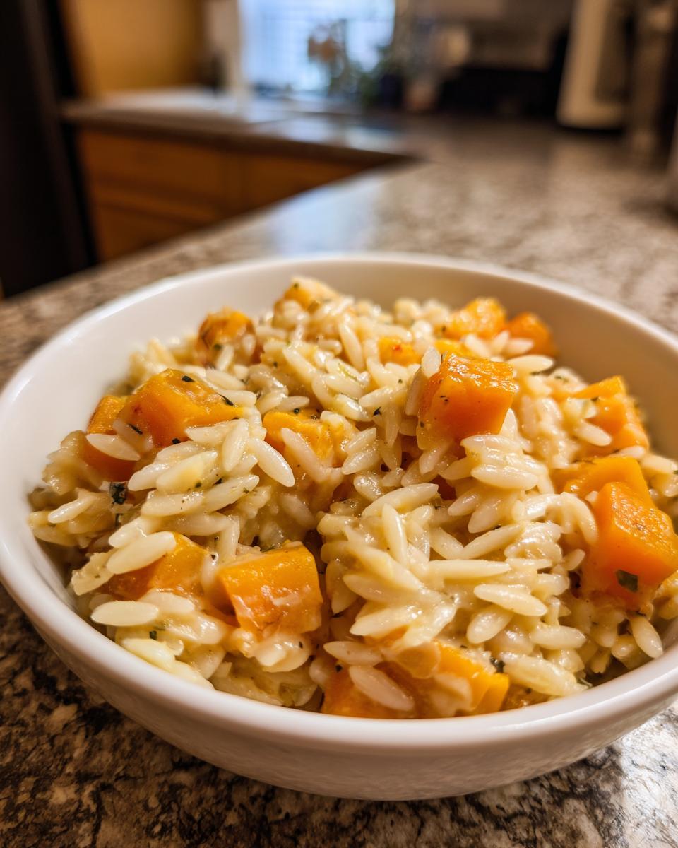 A bowl of Creamy Orzo with Roasted Butternut squash, showcasing the creamy texture and vibrant orange squash.