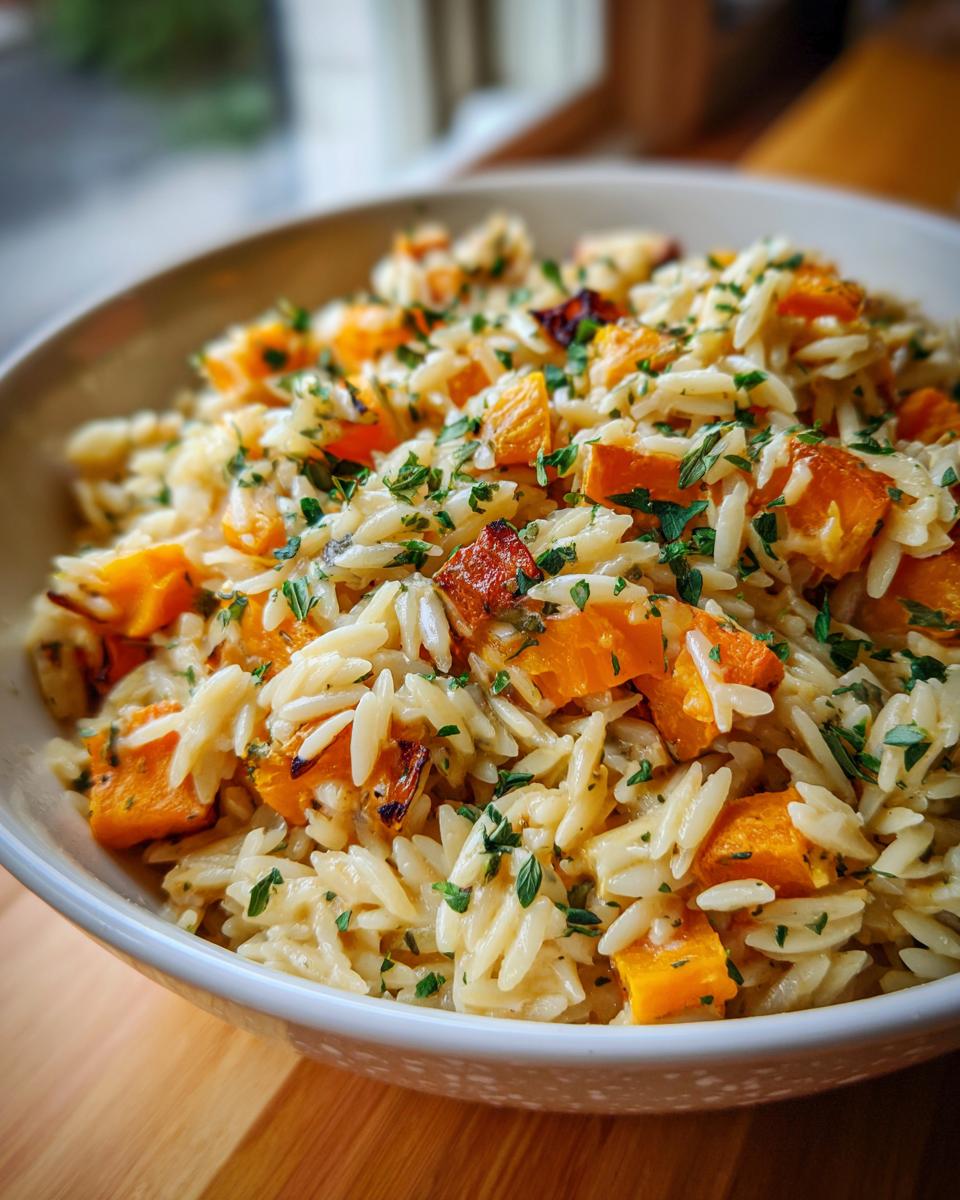 A bowl of Creamy Orzo with Roasted Butternut squash and fresh herbs, ready to be served.
