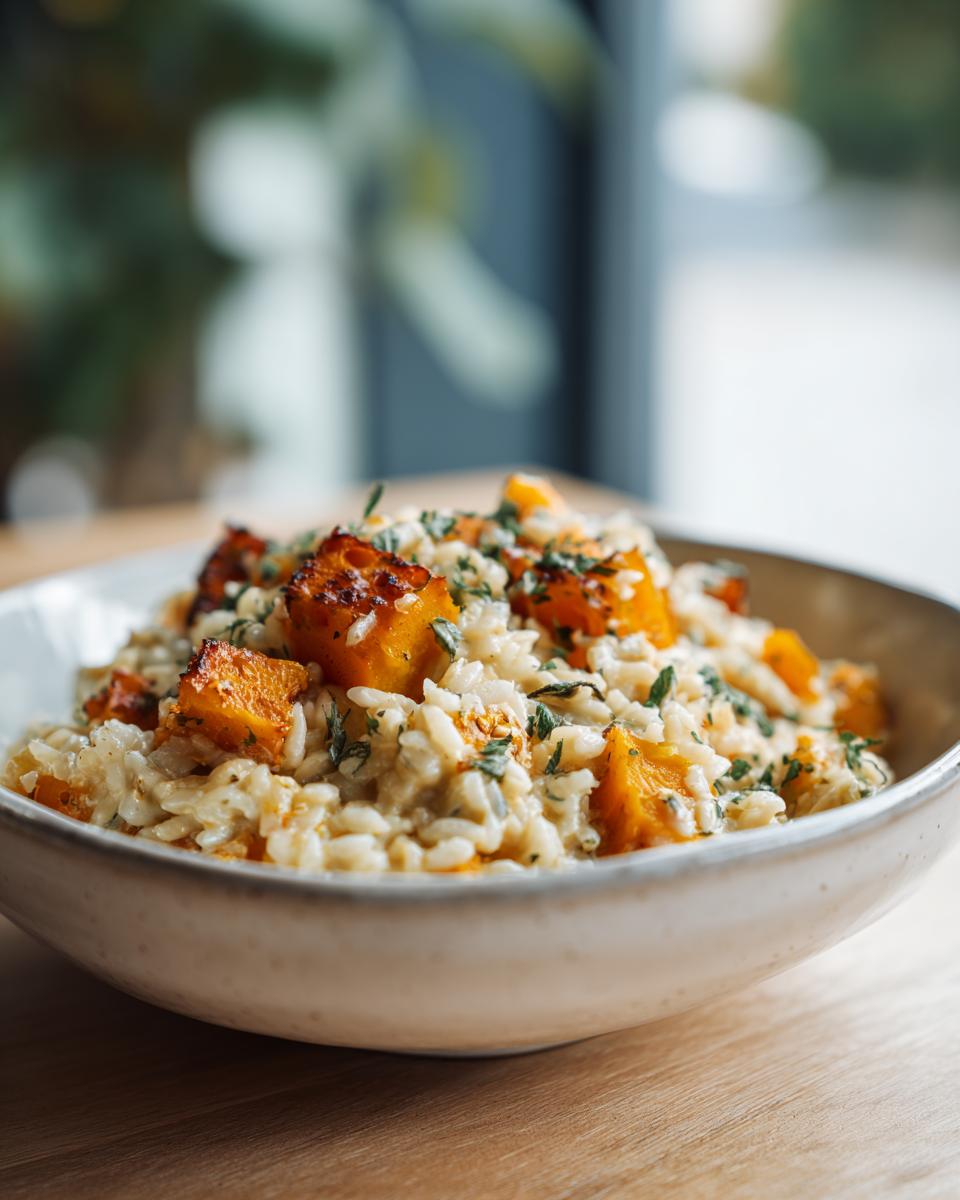 A bowl of Creamy Orzo with Roasted Butternut, garnished with fresh herbs on a wooden table.