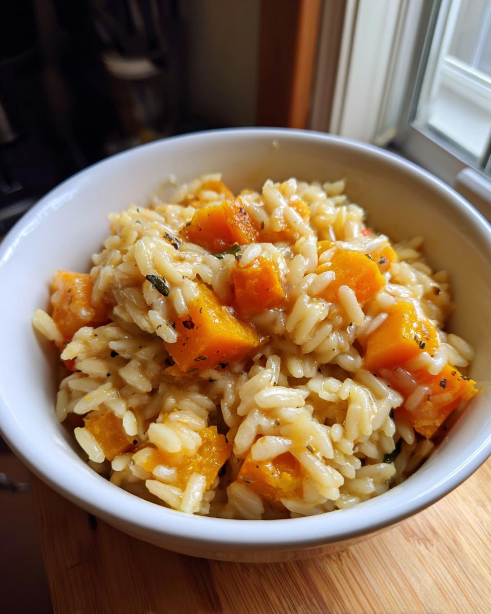 A bowl of Creamy Orzo with Roasted Butternut squash, showcasing the dish's texture and vibrant colors.