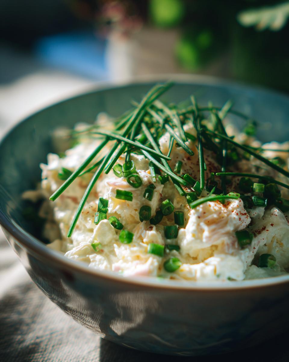 Close-up of a creamy salad, possibly for Lobster Ravioli, garnished with fresh chives in a blue bowl.