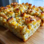 Close-up of Crispy Cheddar Corn Potato bake, showing golden-brown crust and corn kernels.