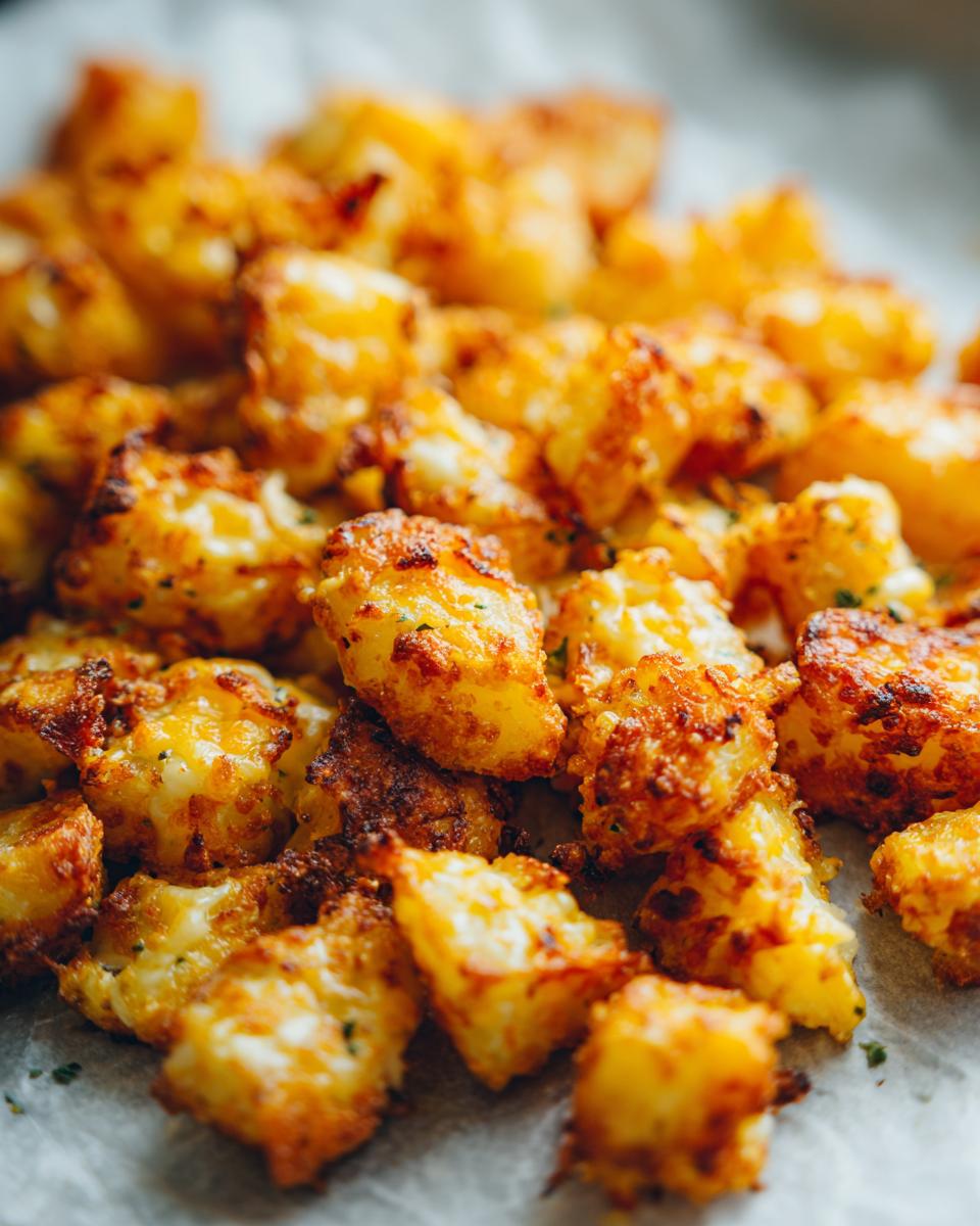 Close-up of golden, crispy cheddar corn potato bites, perfect for a quick snack or side dish.