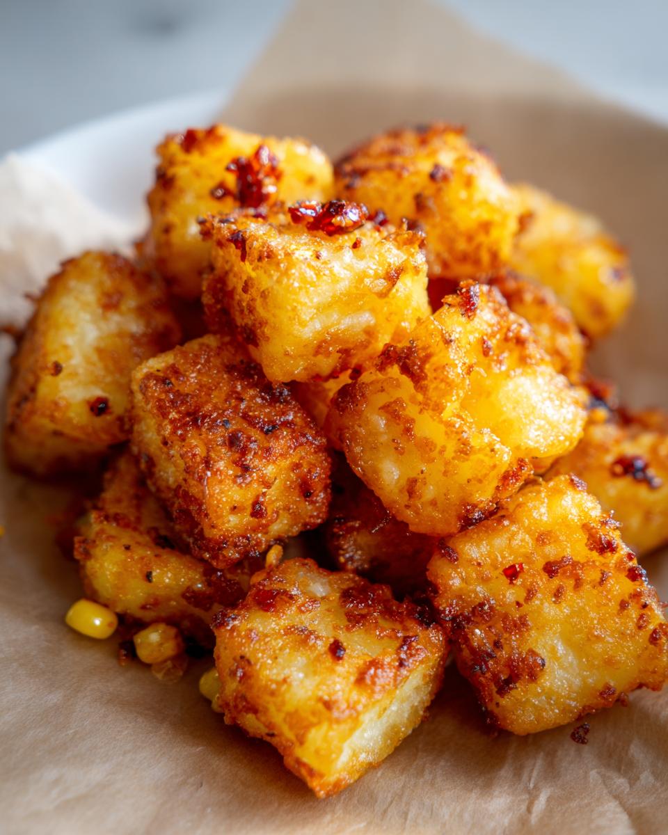 Close-up of crispy cheddar corn potato bites, golden brown and served on parchment paper.