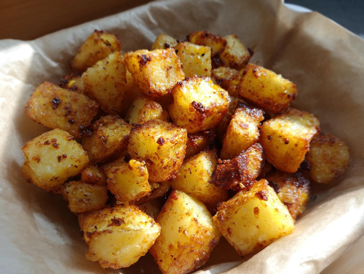 A pile of golden, crispy cheddar corn potato bites served on parchment paper.