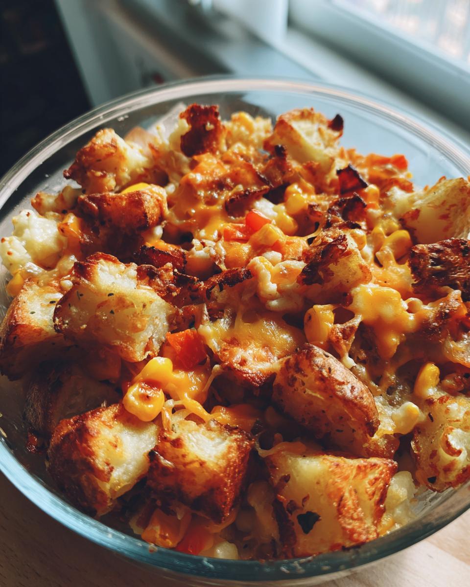 Close-up of Crispy Cheddar Corn Potato in a glass bowl, featuring golden-brown potatoes, corn, and melted cheddar cheese.