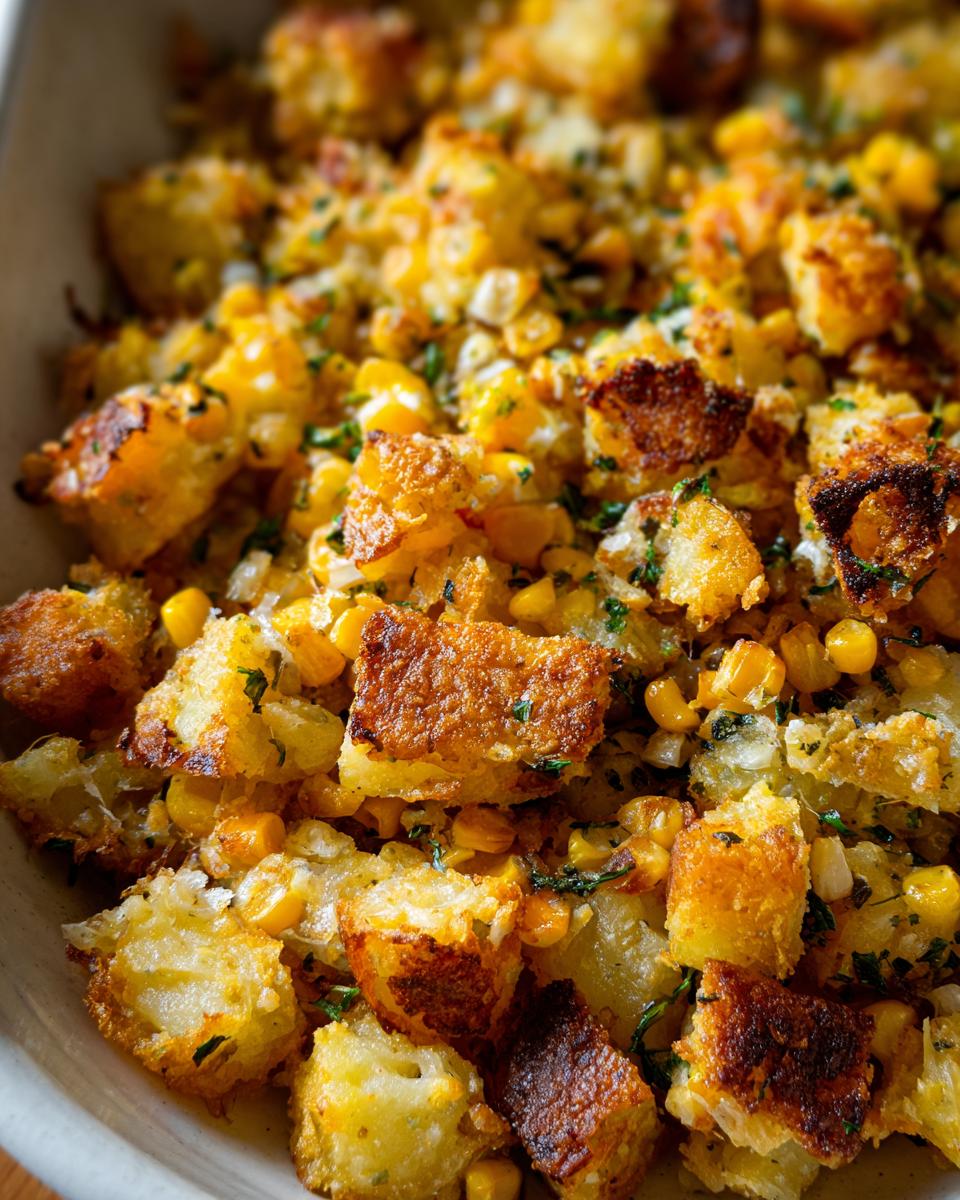 Close-up of a Crispy Cheddar Corn Potato dish, featuring golden-brown potatoes, corn kernels, and melted cheddar.