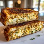 Two halves of a Crispy Egg Salad sandwich stacked, showing the filling and toasted bread.