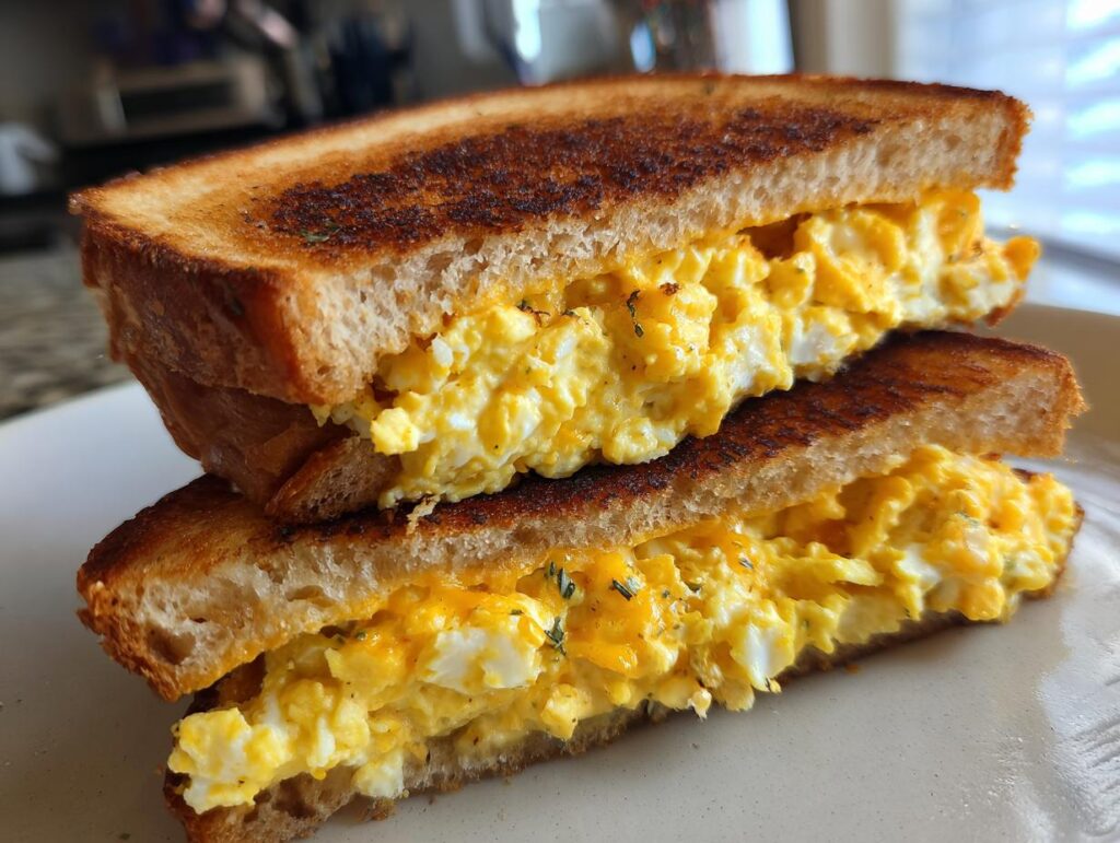 Two halves of a Crispy Egg Salad sandwich stacked on a plate, showing the toasted bread and creamy egg filling.