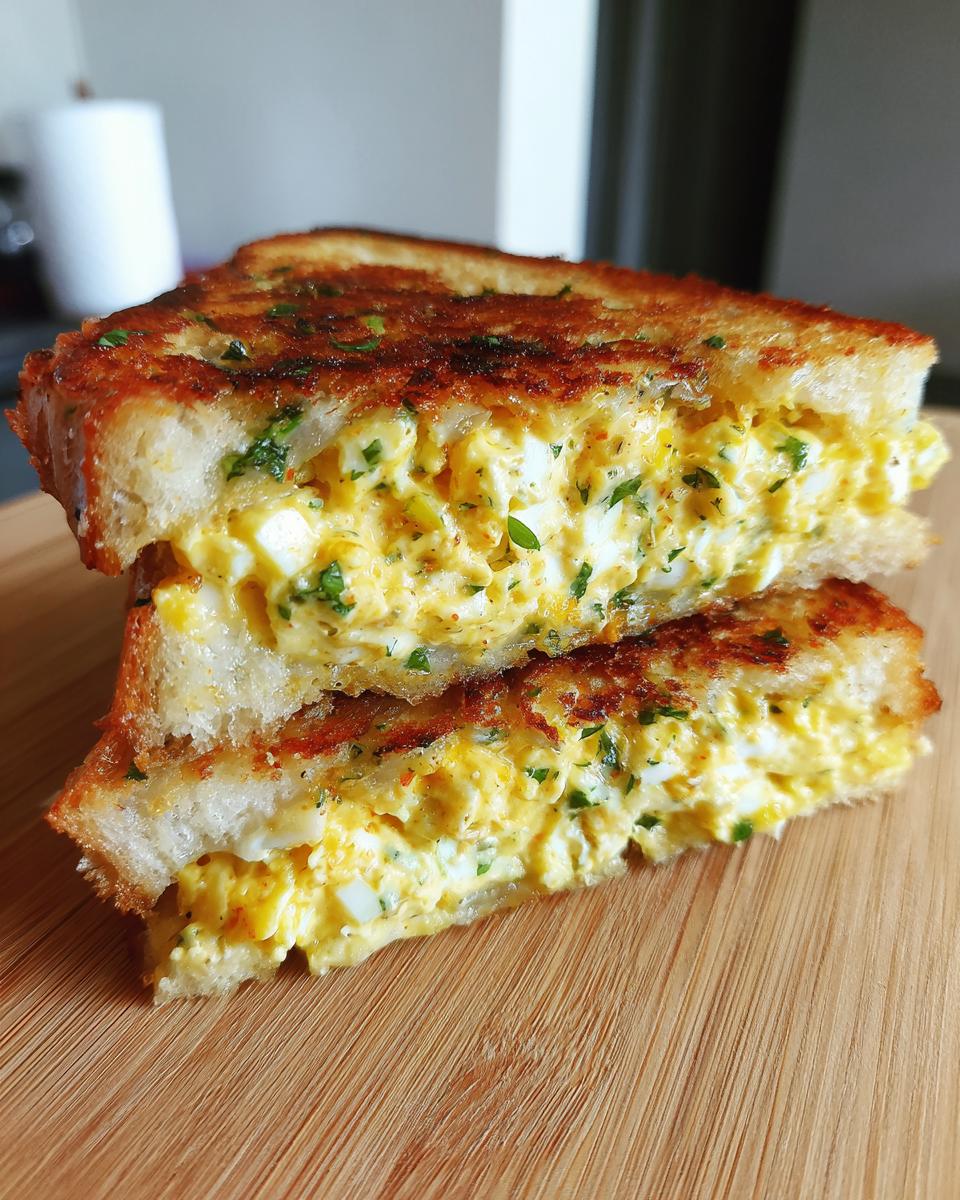 Close-up of a Crispy Egg Salad sandwich, cut in half to show the creamy filling and toasted bread.