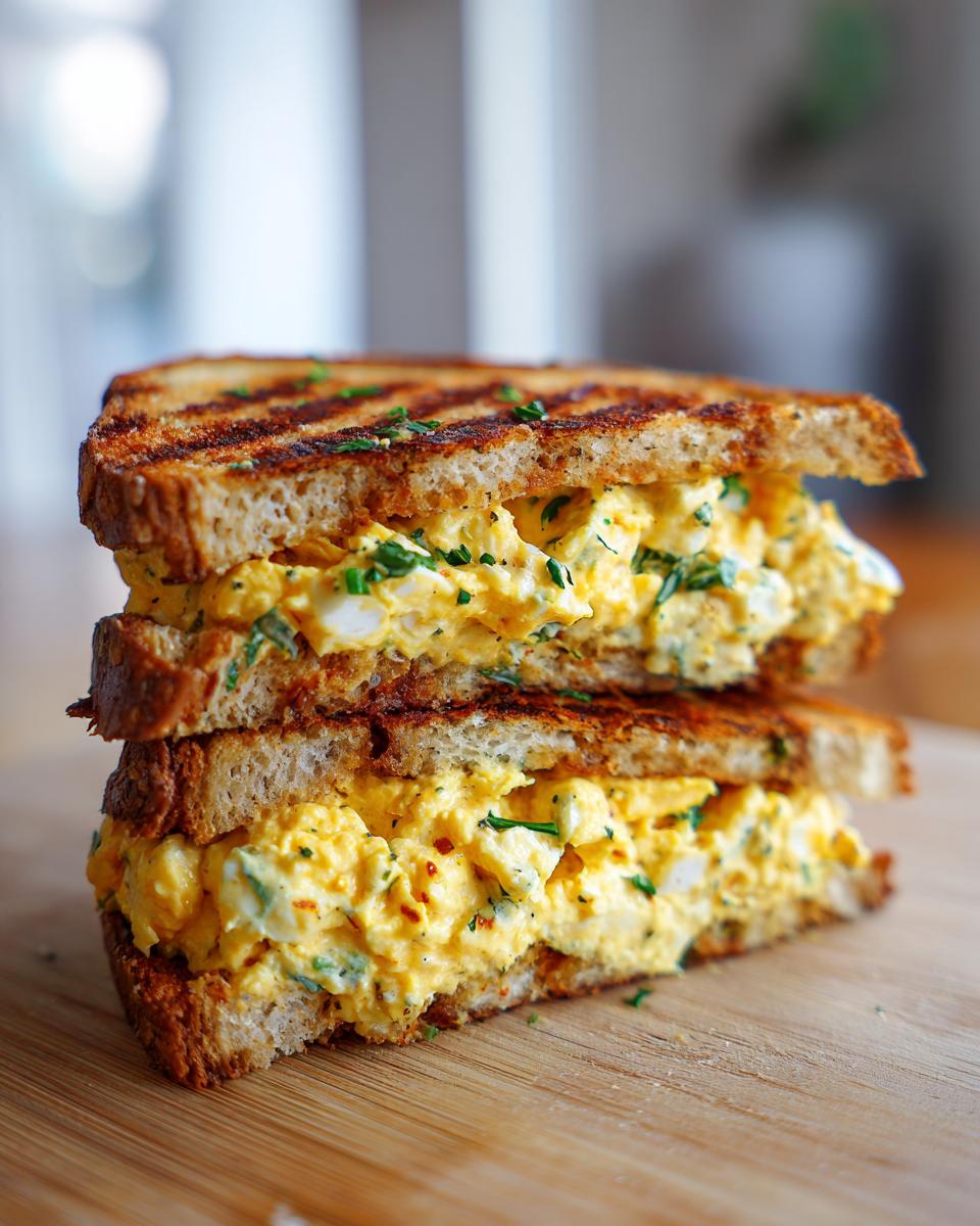 Two halves of a stacked Crispy Egg Salad sandwich on grilled bread, garnished with fresh herbs.