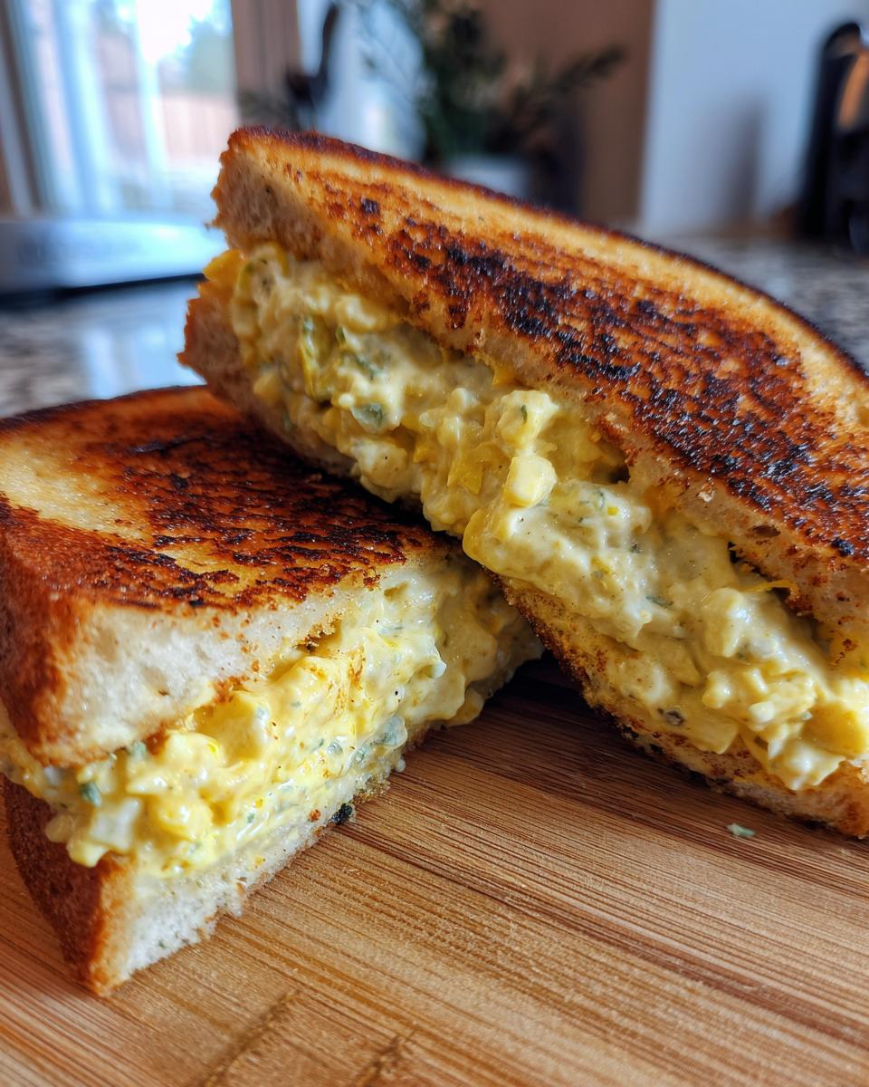 A crispy egg salad sandwich, cut in half, showing the filling and toasted bread.