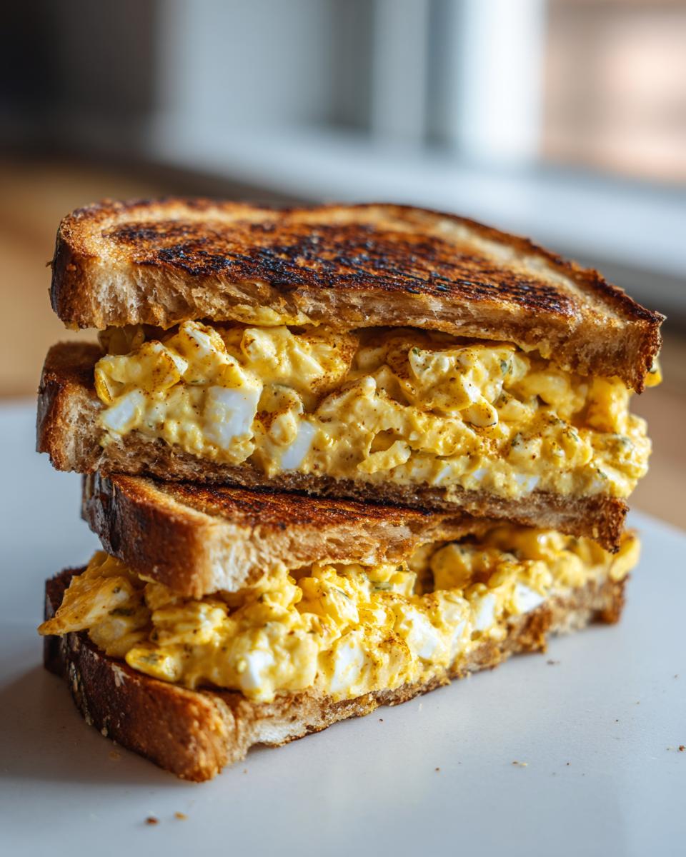 A stacked crispy egg salad sandwich on toasted bread, cut in half to show the filling.