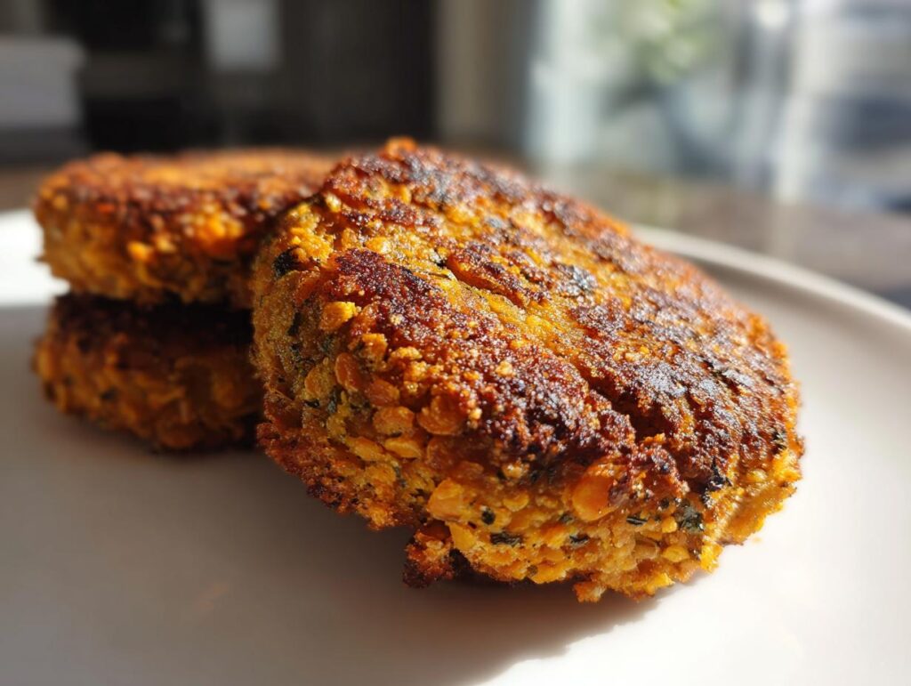 A stack of golden brown Crispy Sweet Potato Lentil Patties on a white plate, showcasing their texture.