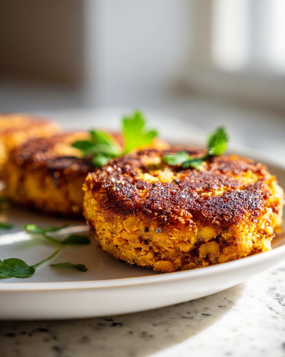 Close-up of Crispy Sweet Potato Lentil Patties on a white plate, garnished with fresh herbs.