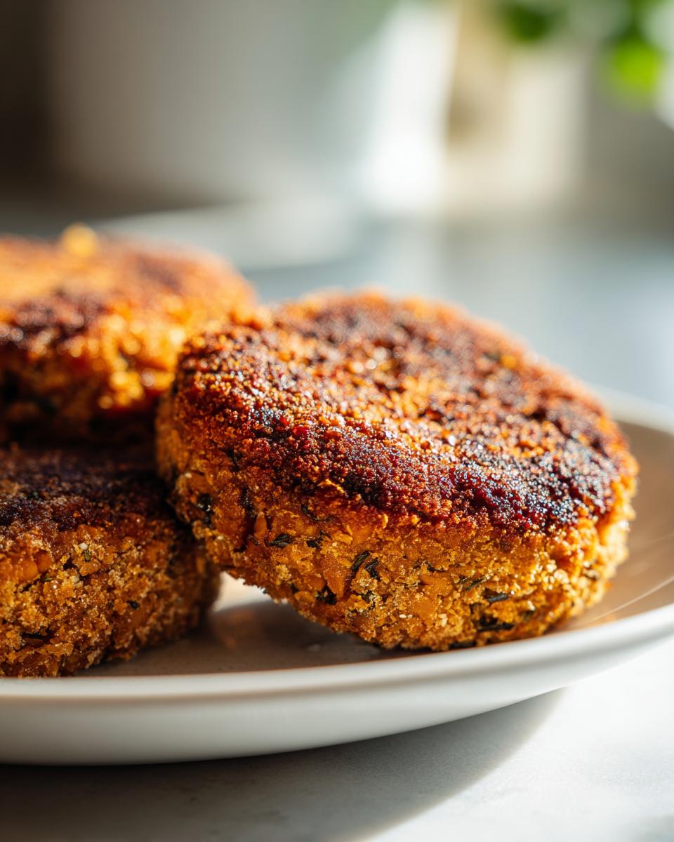 Close-up of Crispy Sweet Potato Lentil Patties on a white plate, showcasing their texture and golden-brown crust.