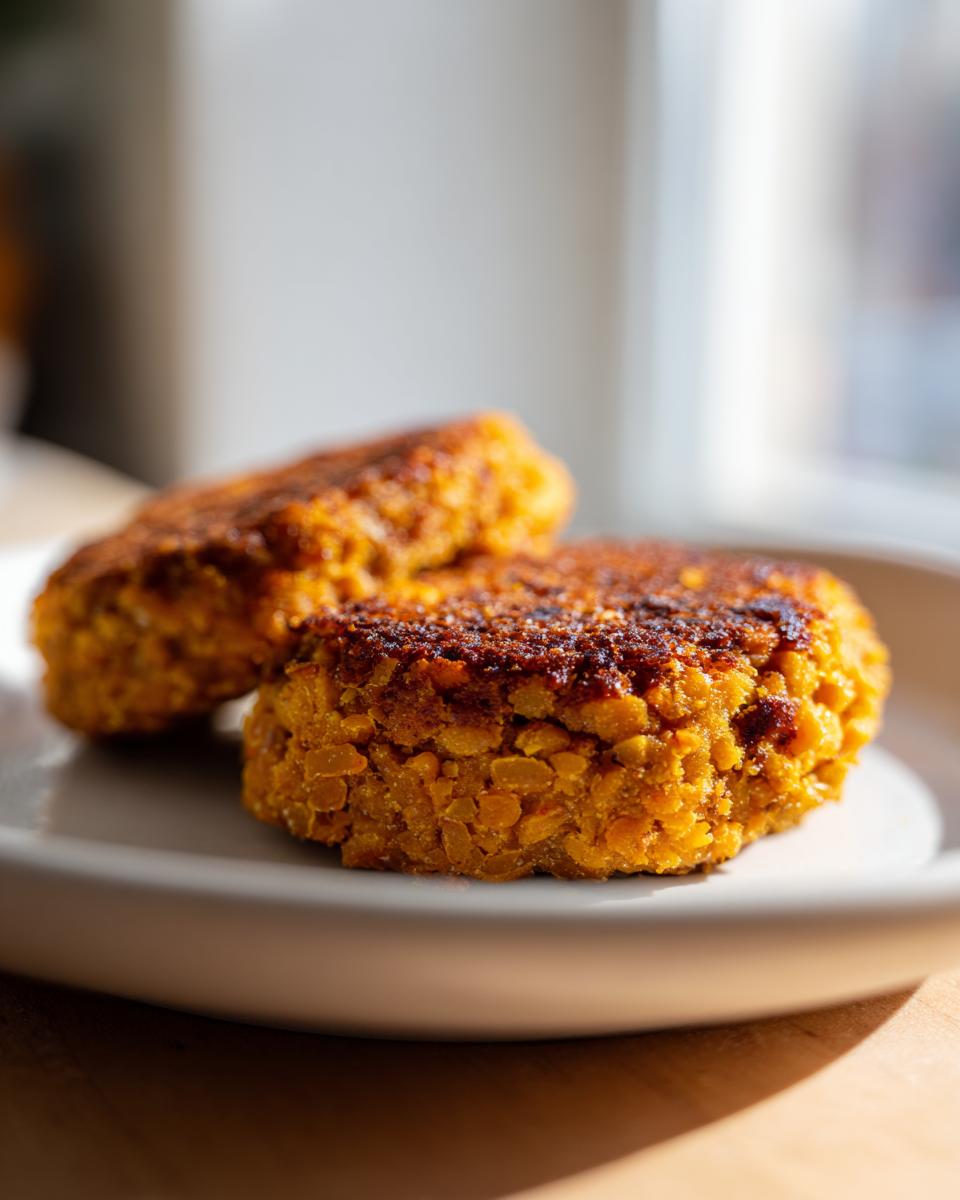 Two Crispy Sweet Potato Lentil Patties stacked on a white plate, showcasing their golden-brown crust.