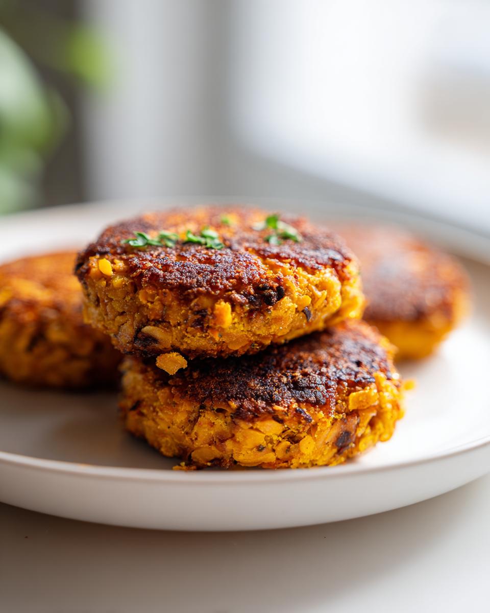 A stack of three Crispy Sweet Potato Lentil Patties on a plate, garnished with parsley.