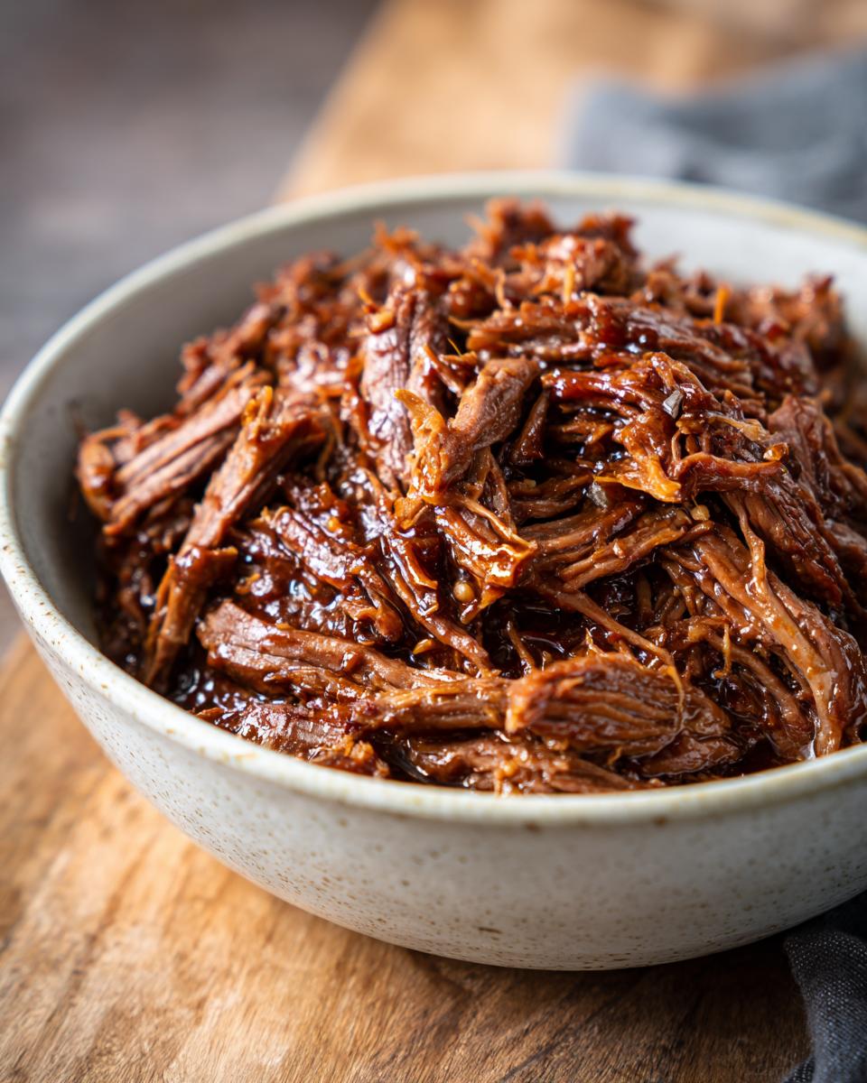 Close-up of tender Crockpot Garlic Butter Beef in a bowl, ready to serve.