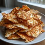 A stack of golden brown Crunchy Cottage Cheese Chips on a white plate, ready to eat.