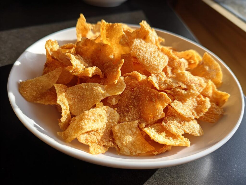 A plate piled high with golden Crunchy Cottage Cheese Chips, perfect for a quick and healthy snack.
