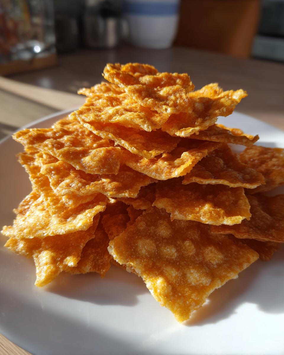 A stack of golden brown Crunchy Cottage Cheese Chips on a white plate, ready to eat.
