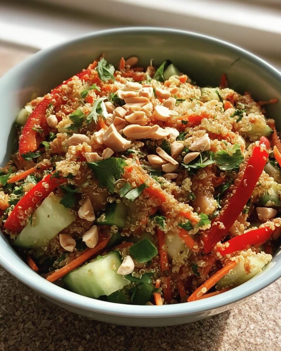A vibrant bowl of Crunchy Thai Quinoa Salad with quinoa, vegetables, herbs, and peanut topping.