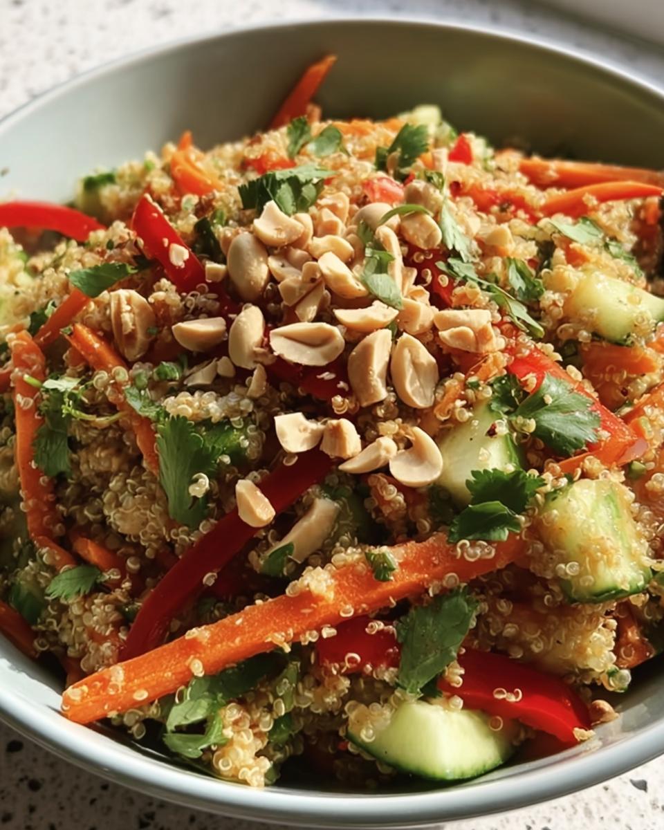 A vibrant bowl of Crunchy Thai Quinoa Salad with quinoa, vegetables, peanuts, and herbs.