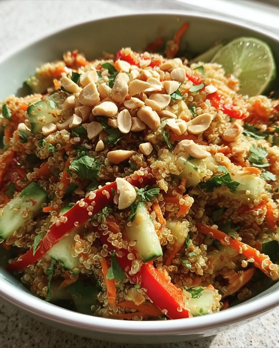 Close-up of a bowl of Crunchy Thai Quinoa Salad with peanuts, vegetables, and a lime wedge.