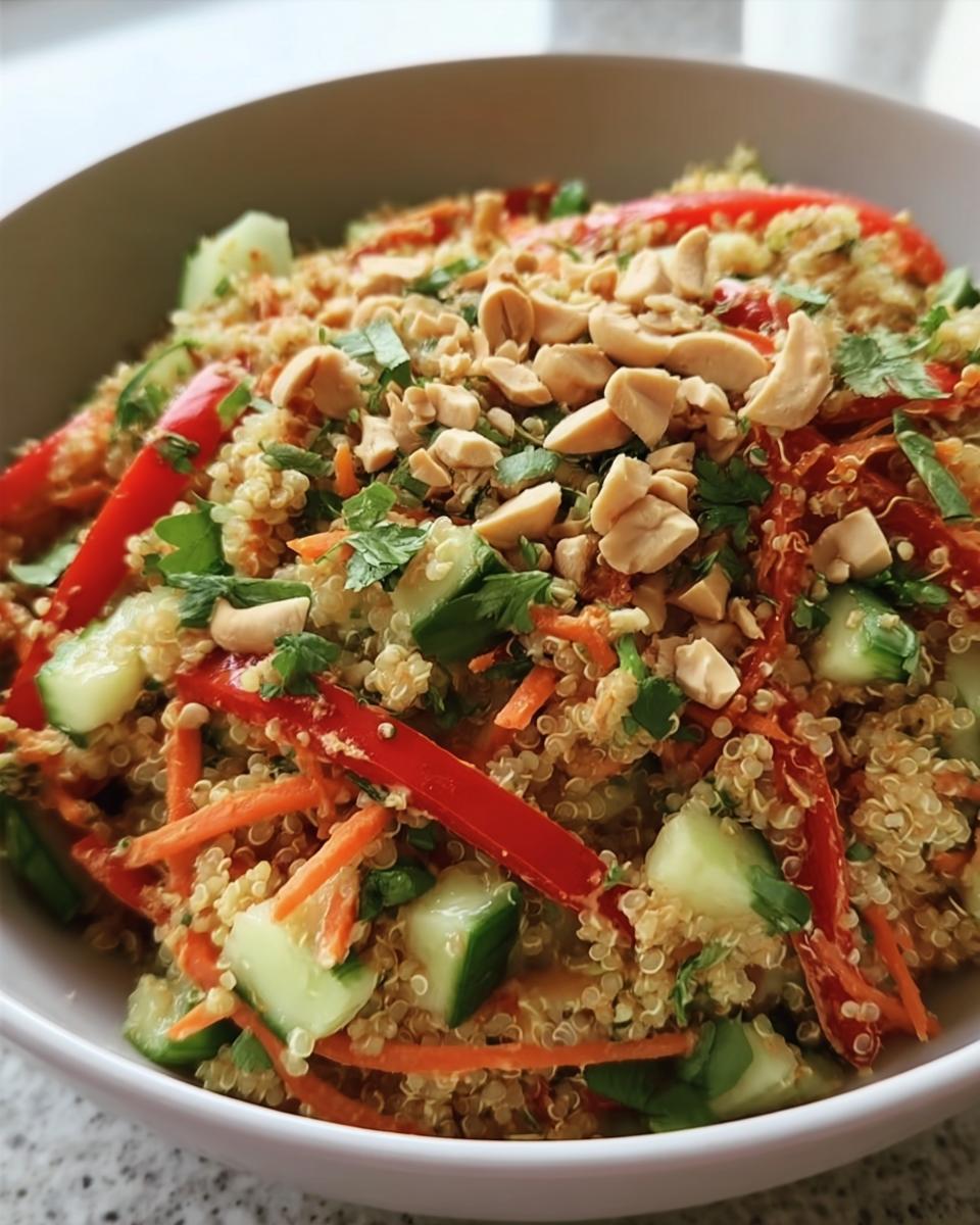 A vibrant bowl of Crunchy Thai Quinoa Salad with quinoa, vegetables, herbs, and peanut topping.