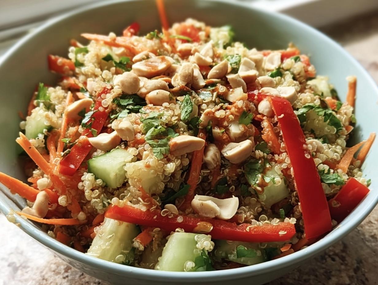 A vibrant bowl of Crunchy Thai Quinoa Salad with quinoa, vegetables, peanuts, and herbs.