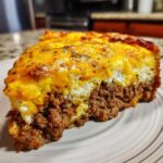 A delicious slice of Crustless Taco Pie on a plate, showcasing the layers of seasoned ground beef and cheesy topping.