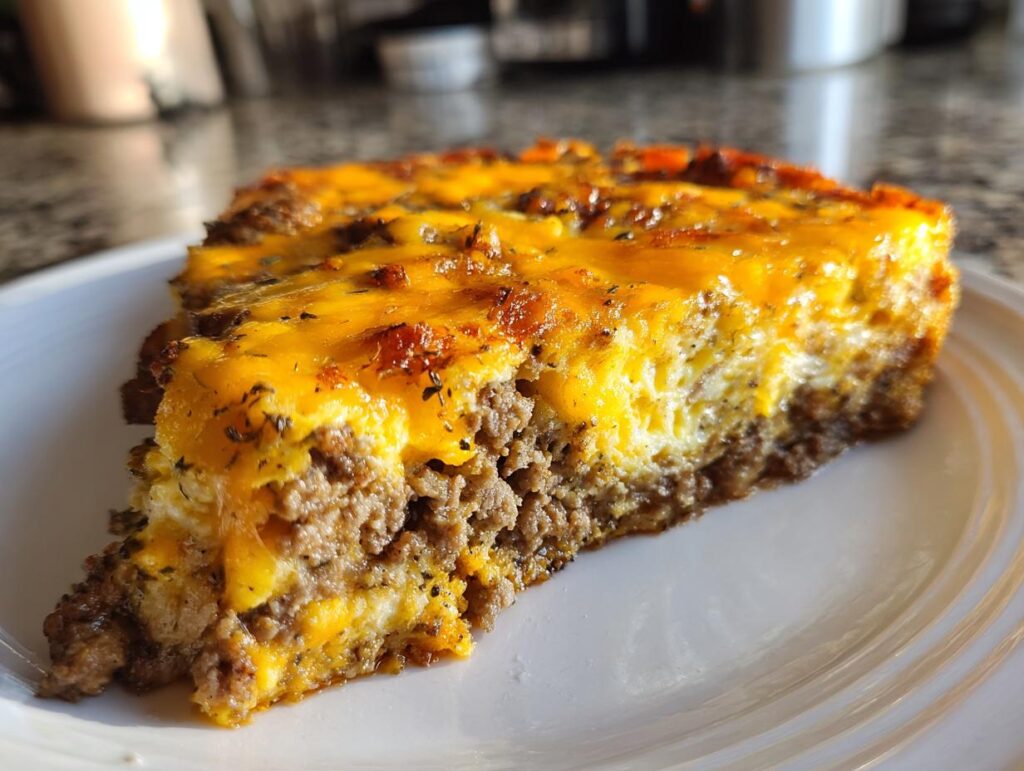 A slice of cheesy Crustless Taco Pie on a white plate, showcasing the layers of meat and cheese.