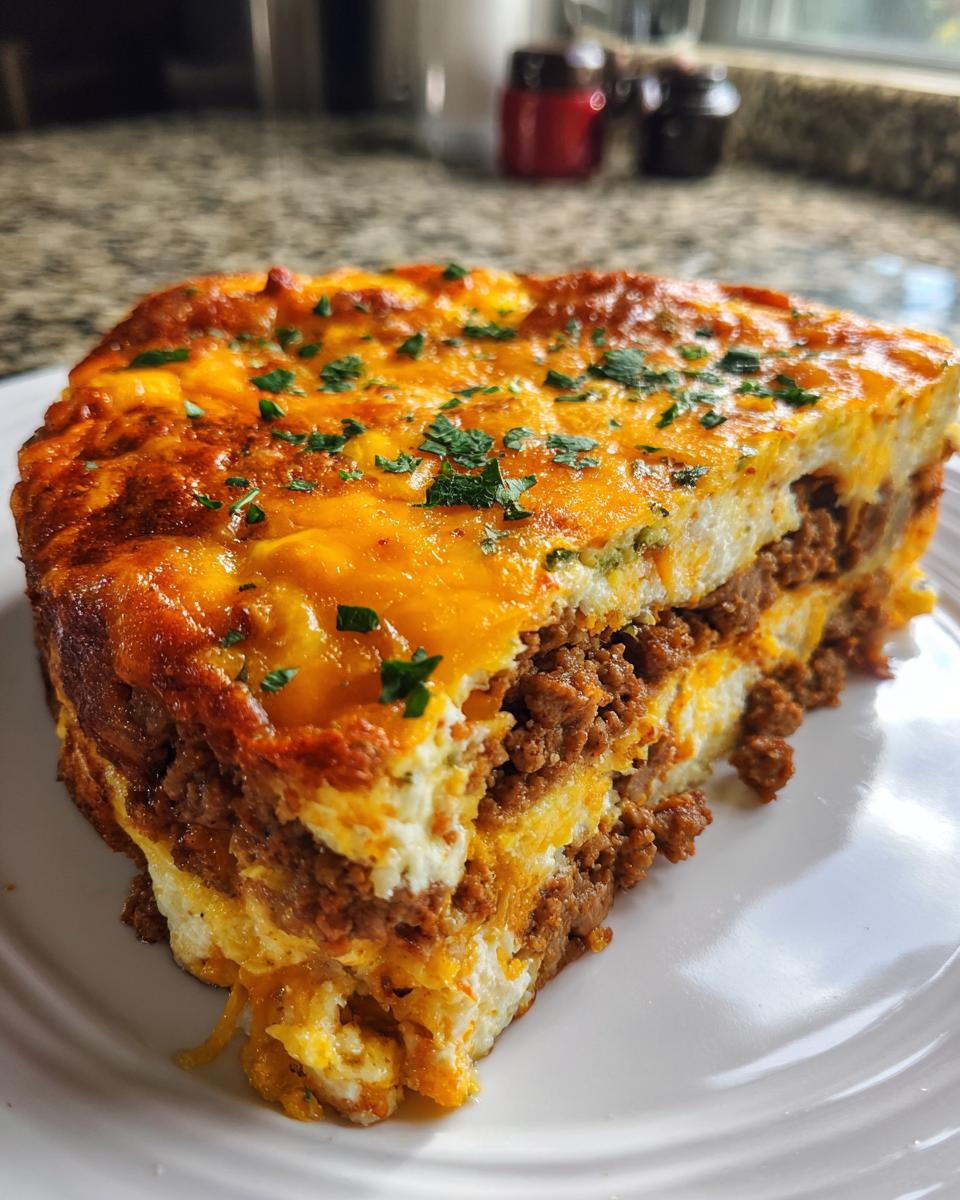 A delicious slice of Crustless Taco Pie, showcasing the layers of seasoned meat, cheese, and egg mixture.