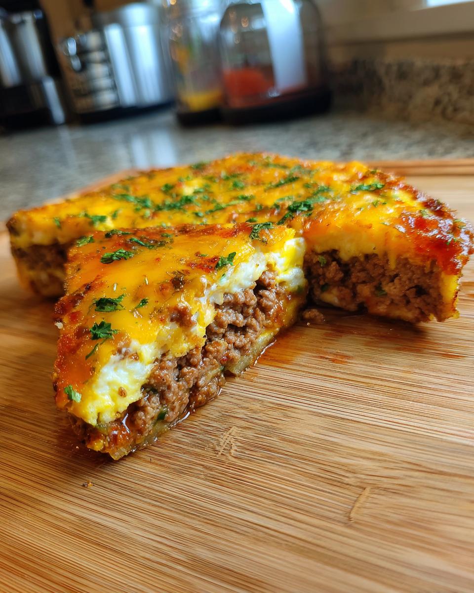 A slice of Crustless Taco Pie showing layers of seasoned ground beef, cheese, and egg on a wooden board.