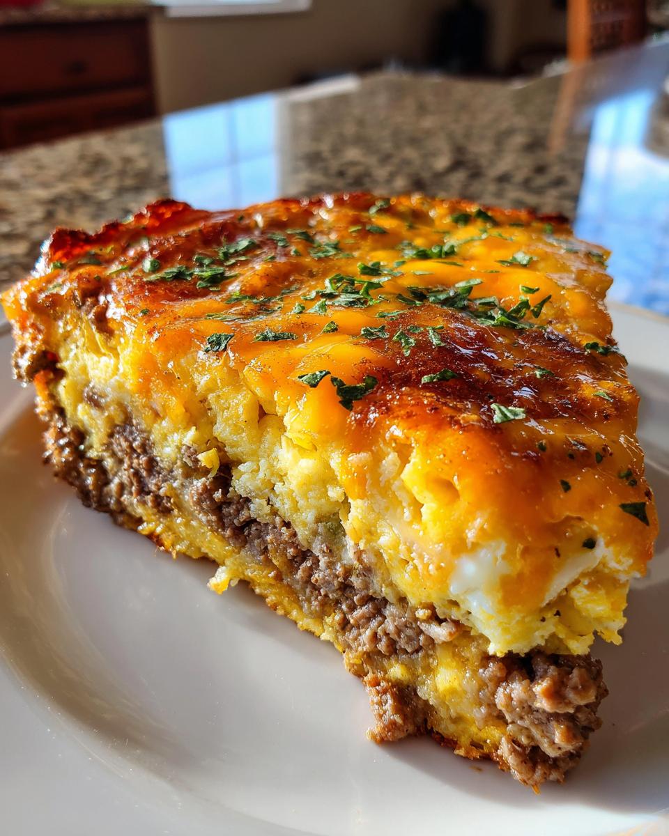 A delicious slice of Crustless Taco Pie with layers of seasoned ground beef, cheese, and a fluffy egg mixture.