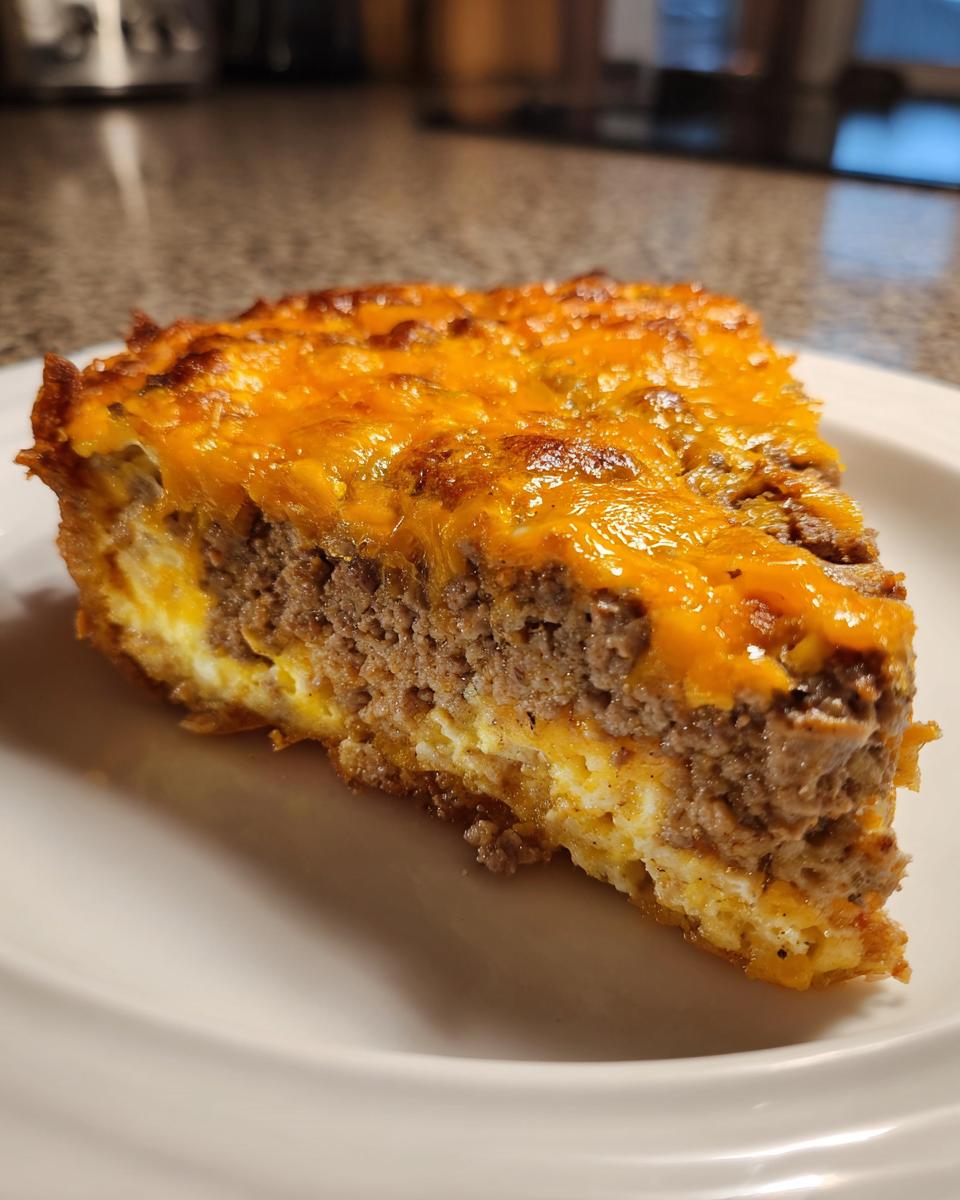 A delicious slice of Crustless Taco Pie on a white plate, showcasing layers of egg, meat, and melted cheese.