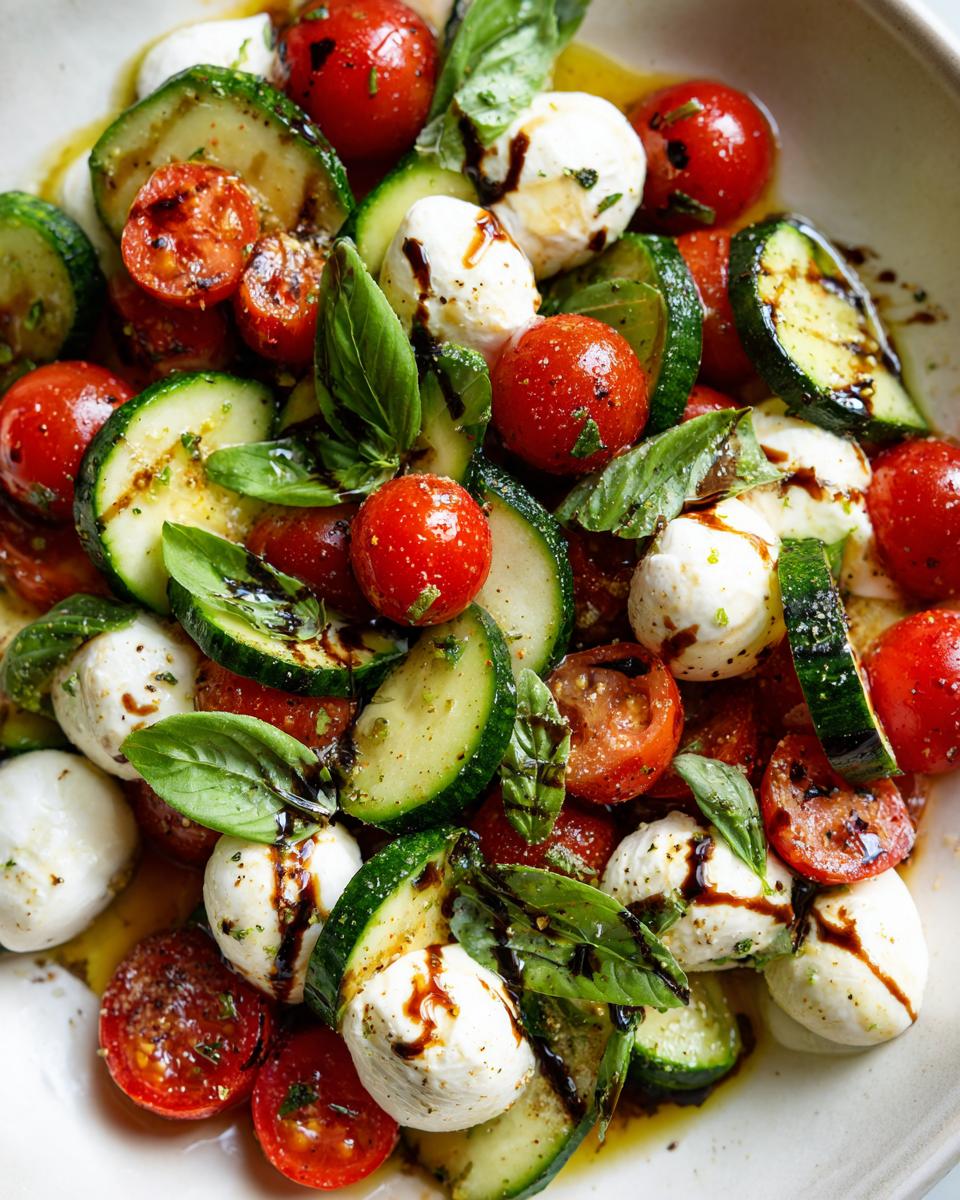 Overhead view of a Cucumber Caprese Salad with fresh cucumbers, tomatoes, mozzarella, and basil, drizzled with balsamic glaze.