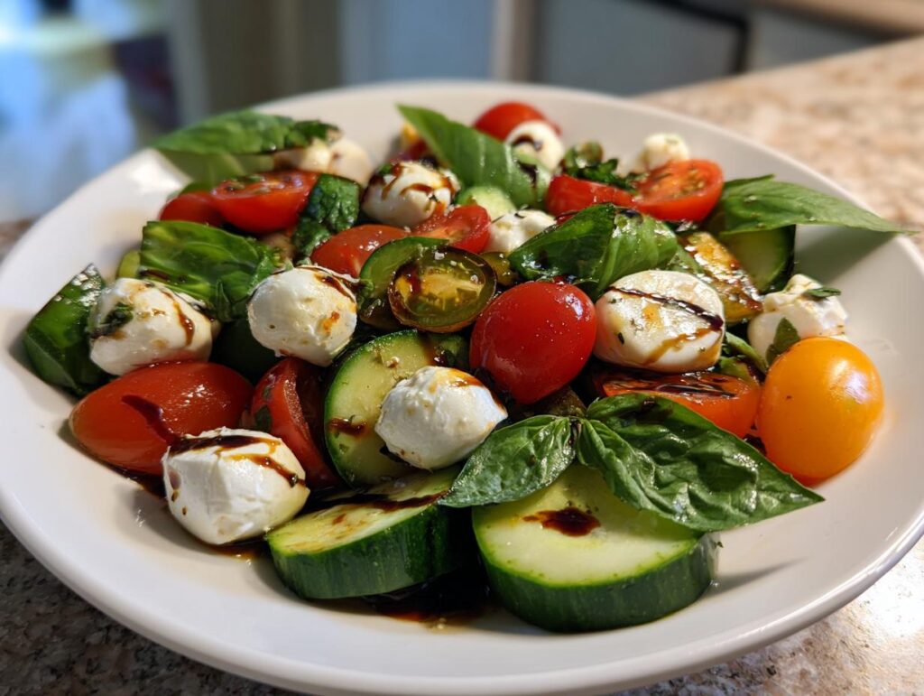 A vibrant Cucumber Caprese Salad featuring fresh cucumbers, tomatoes, mozzarella balls, basil, and balsamic glaze.