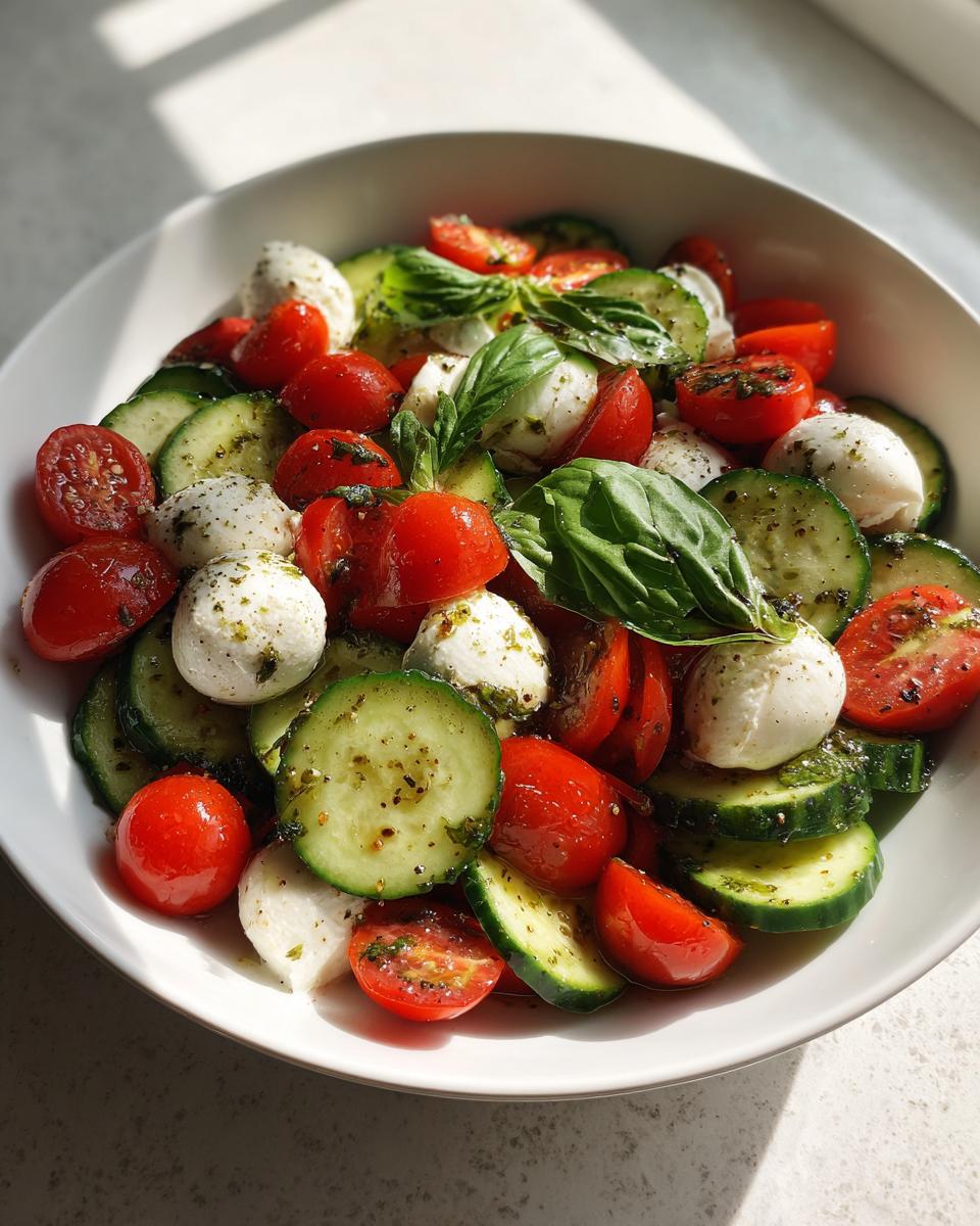 Bowl of Cucumber Caprese Salad with cucumbers, tomatoes, mozzarella balls, and basil.
