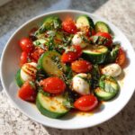 A vibrant Cucumber Caprese Salad in a white bowl, featuring cucumbers, tomatoes, mozzarella, basil, and balsamic glaze.