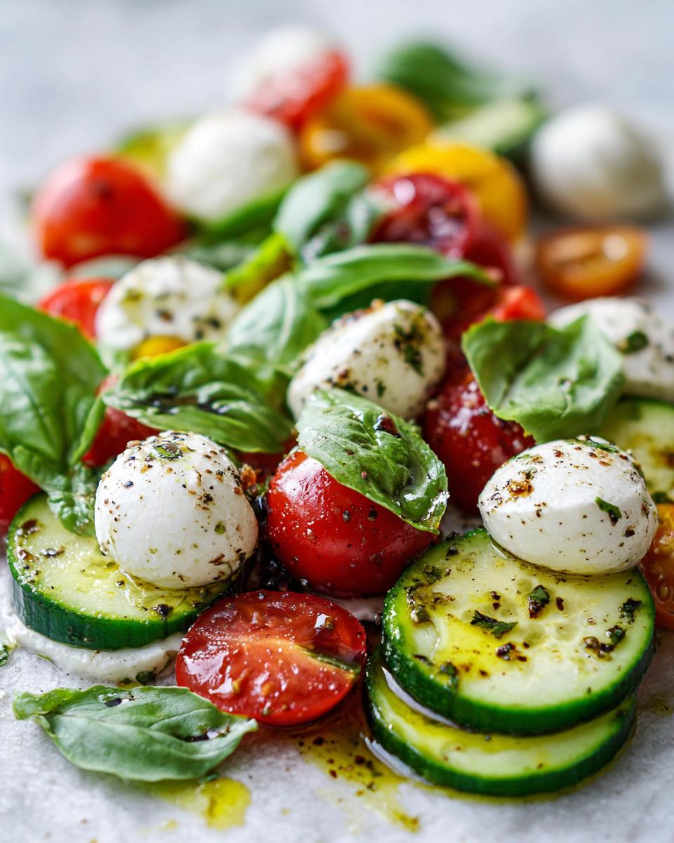 Close-up of a Cucumber Caprese Salad with fresh mozzarella, tomatoes, basil, and balsamic glaze.