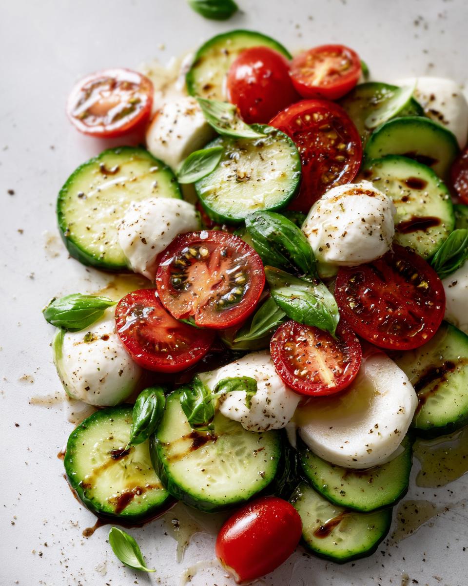 Overhead view of Cucumber Caprese Salad with sliced cucumbers, tomatoes, mozzarella, basil, and balsamic glaze.