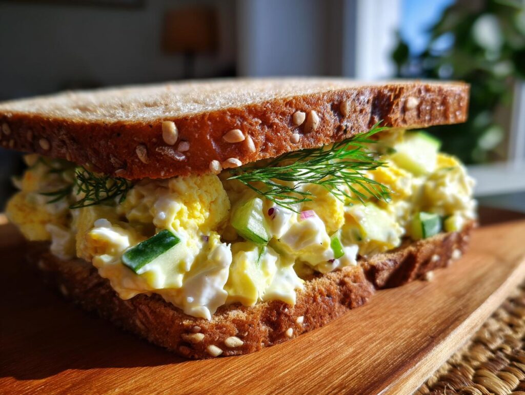 A close-up of a fresh cucumber salad sandwich on whole grain bread, garnished with dill.