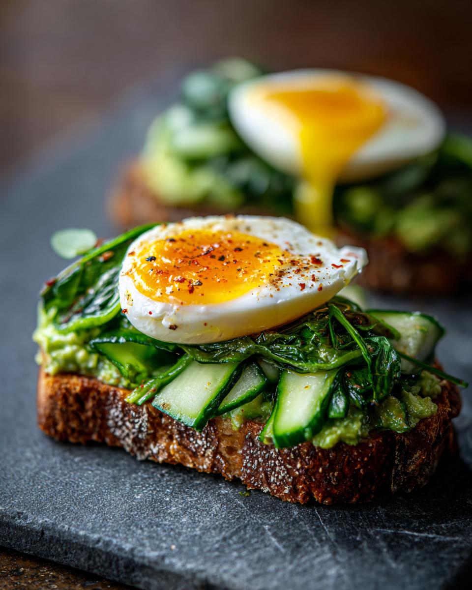 Close-up of Cucumber Salad Sandwiches topped with a runny egg on toasted bread.