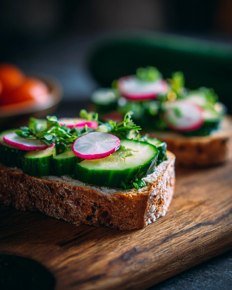 Open-faced Cucumber Salad Sandwiches with sliced cucumbers, radishes, and greens on toasted bread.
