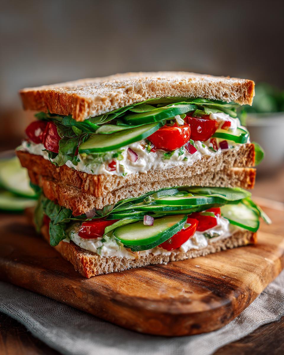 A stack of two Cucumber Salad Sandwiches on a wooden board, filled with cucumber, tomatoes, and creamy salad.